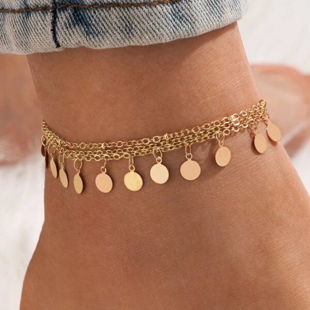 Golden Chain Anklet with Gold-Colored Disc Coin Charms